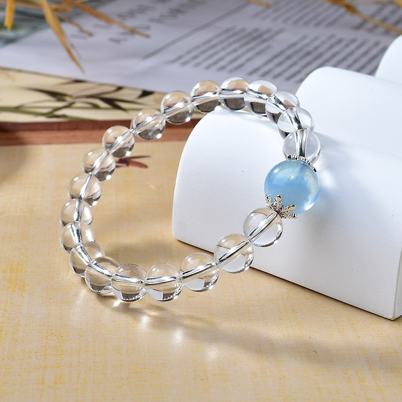Natural White Crystal & Aquamarine Bead Bracelet – Alloy Accent