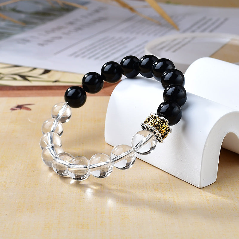 Natural White Crystal & Black Tourmaline Bead Bracelet – Six - Character Mantra Alloy Accent
