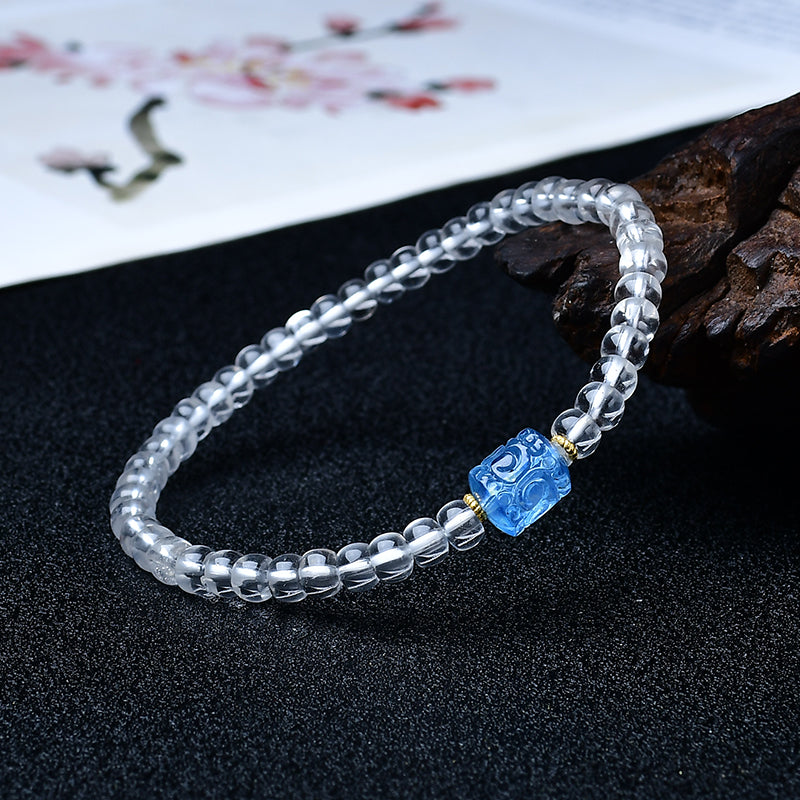 Natural White Crystal & Aquamarine Barrel Bead Bracelet – S925 Silver Accents