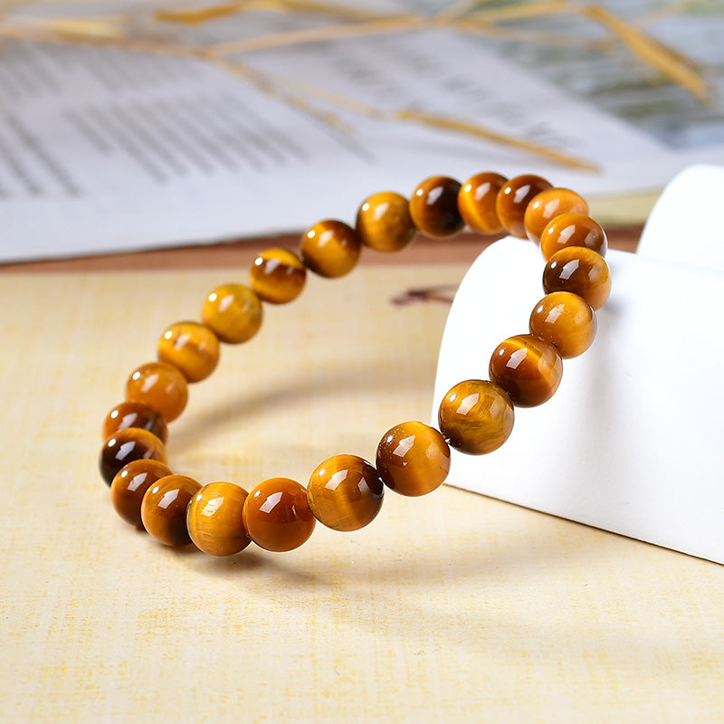 Natural Yellow Tiger’s Eye Round Bead Bracelet (Wood - transformed Stone)