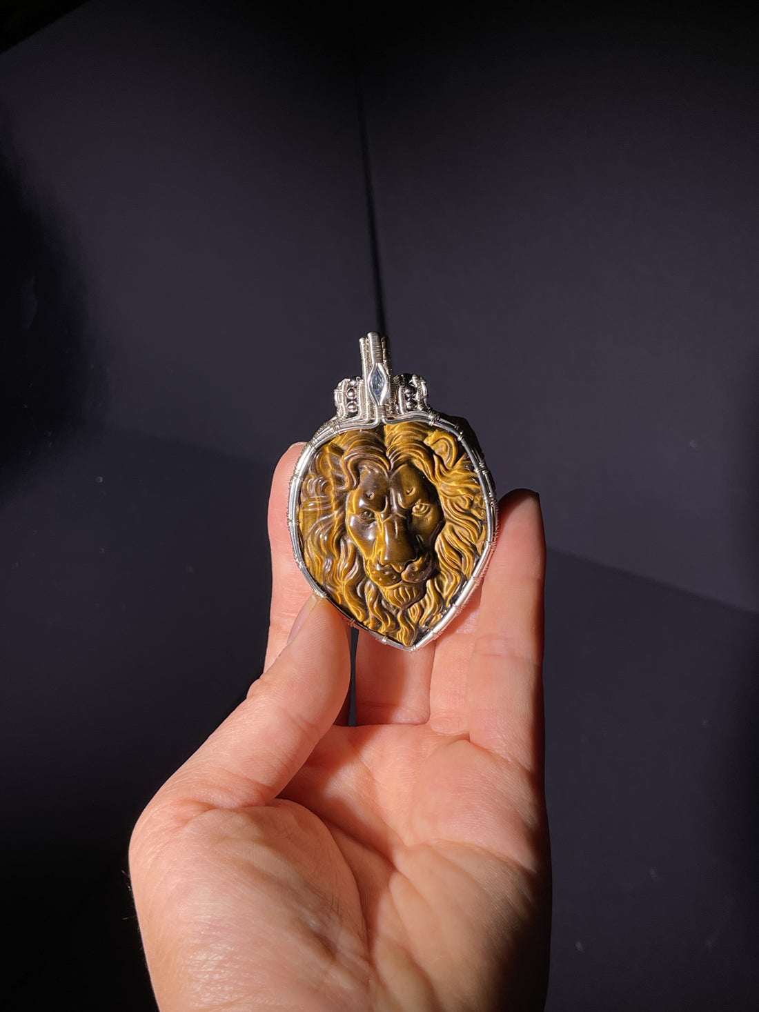 Copper Wire Wrapped Tiger’s Eye Carved Pendant, Handmade Sculpted Necklace