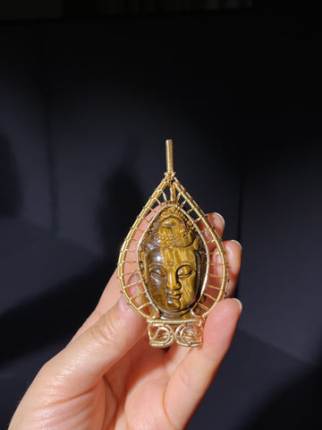 Copper Wire Wrapped Tiger’s Eye Carved Pendant, Handmade Sculpted Necklace