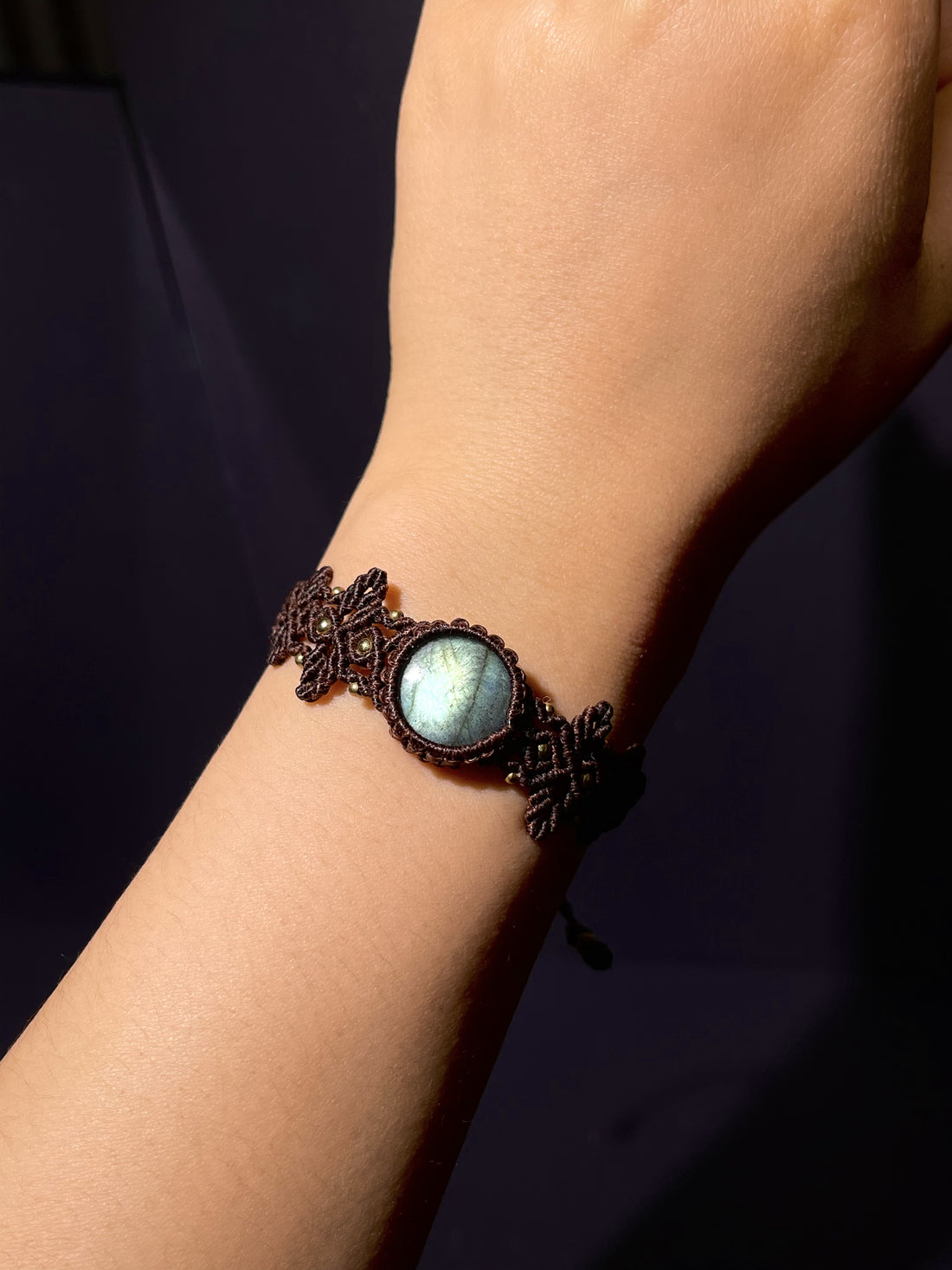 Natural Labradorite Hand-Woven Macrame Bracelet, Boho Adjustable Wax Cord Wristband