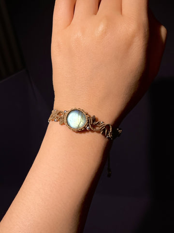 Natural Labradorite Hand-Woven Macrame Bracelet, Boho Adjustable Wax Cord Wristband