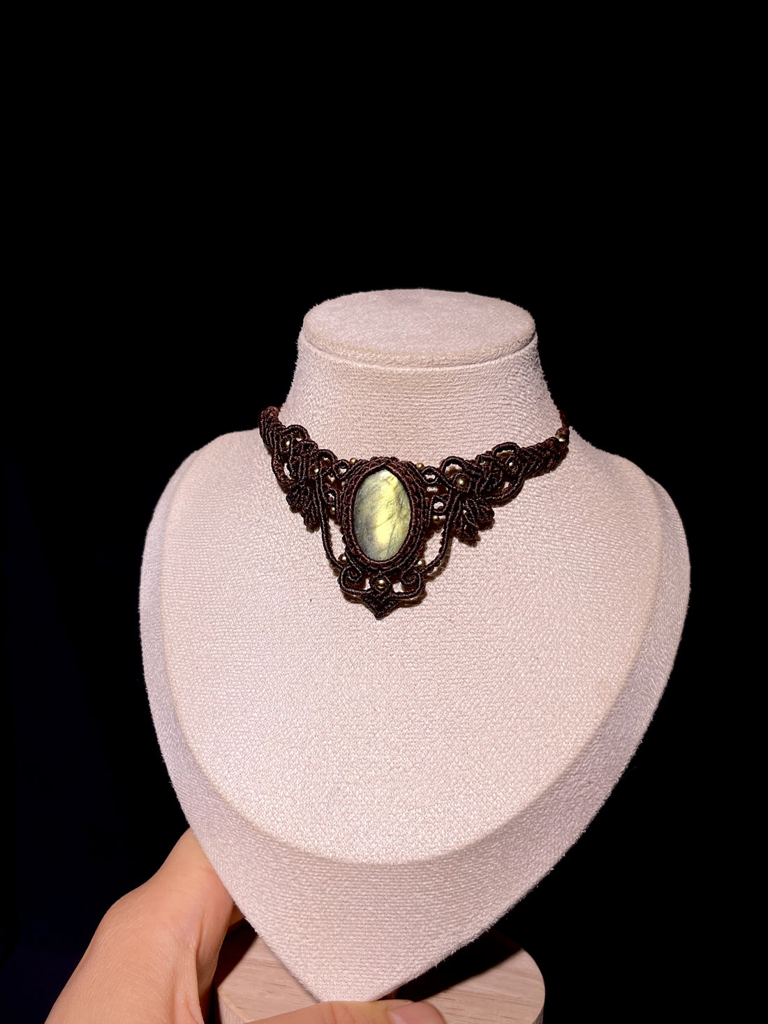 Natural Labradorite Hand-Woven Macrame Necklace, Boho Adjustable Choker