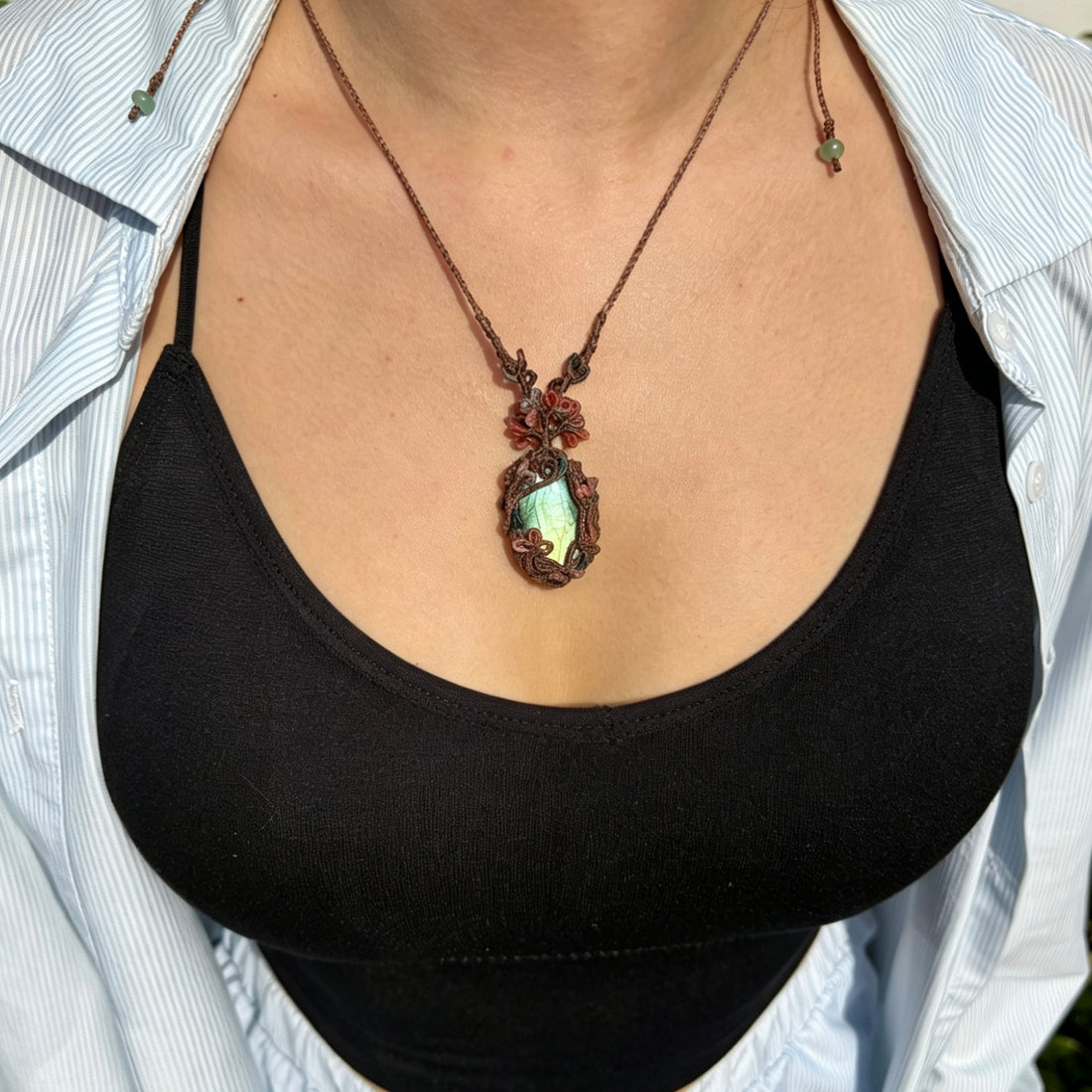 Unique Hand Woven Wax Cord Labradorite Crystal Necklace, Spiritual Protection Energy Gemstone Pendant