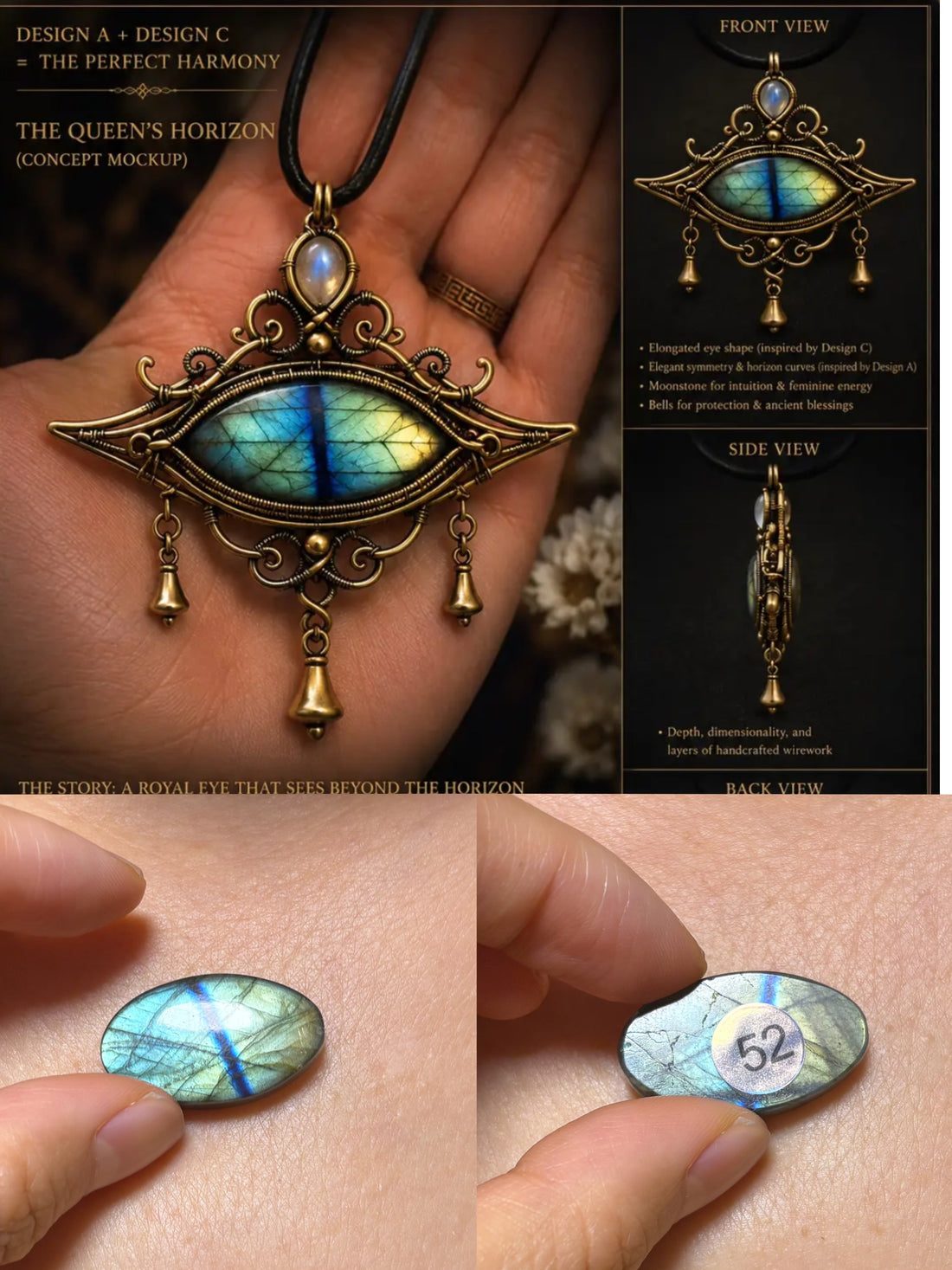 Copper‑Wire‑Wrapped  Labradorite Pendant & S925 Silver-Wire Moonstone