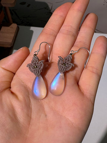 moonstone macrame earrings -S925 silver ear hook