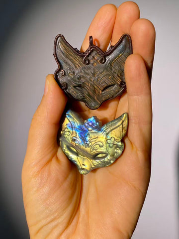 Copper Wire Wrapped Labradorite Fox Carved Pendant