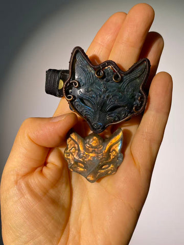 Leather Cord Copper Wrapped Labradorite Fox Carving Bracelet