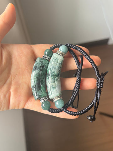 Natural Jadeite Half Bangle Hand Braided Rope Bracelet